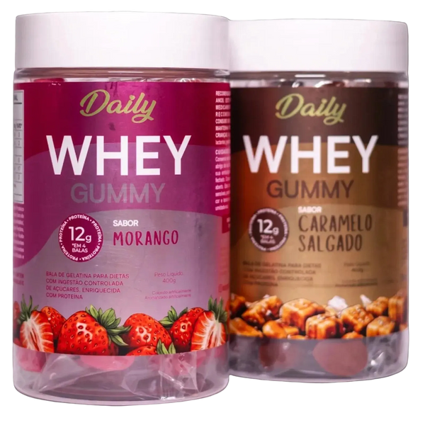 Combo 1 unidade Daily Whey Goma Caramelo Salgado 400g + 1 unidade Daily Whey Goma Morango 400g